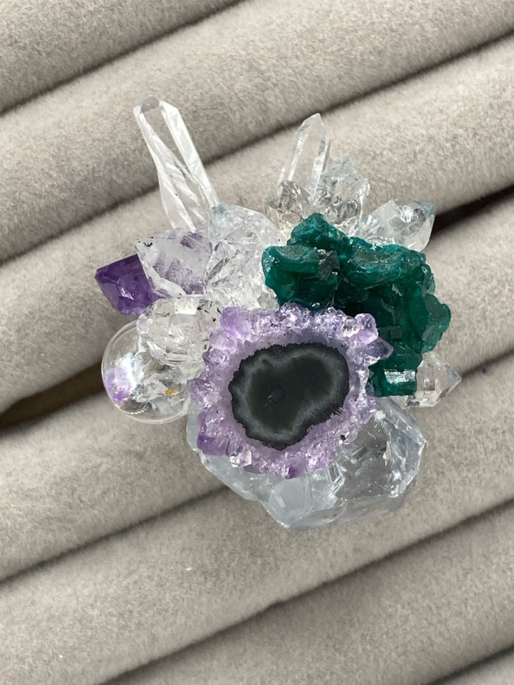 Amethyst Stalactite ring with Green Fluorite, Herkimer Diamonds & Clearquartz
